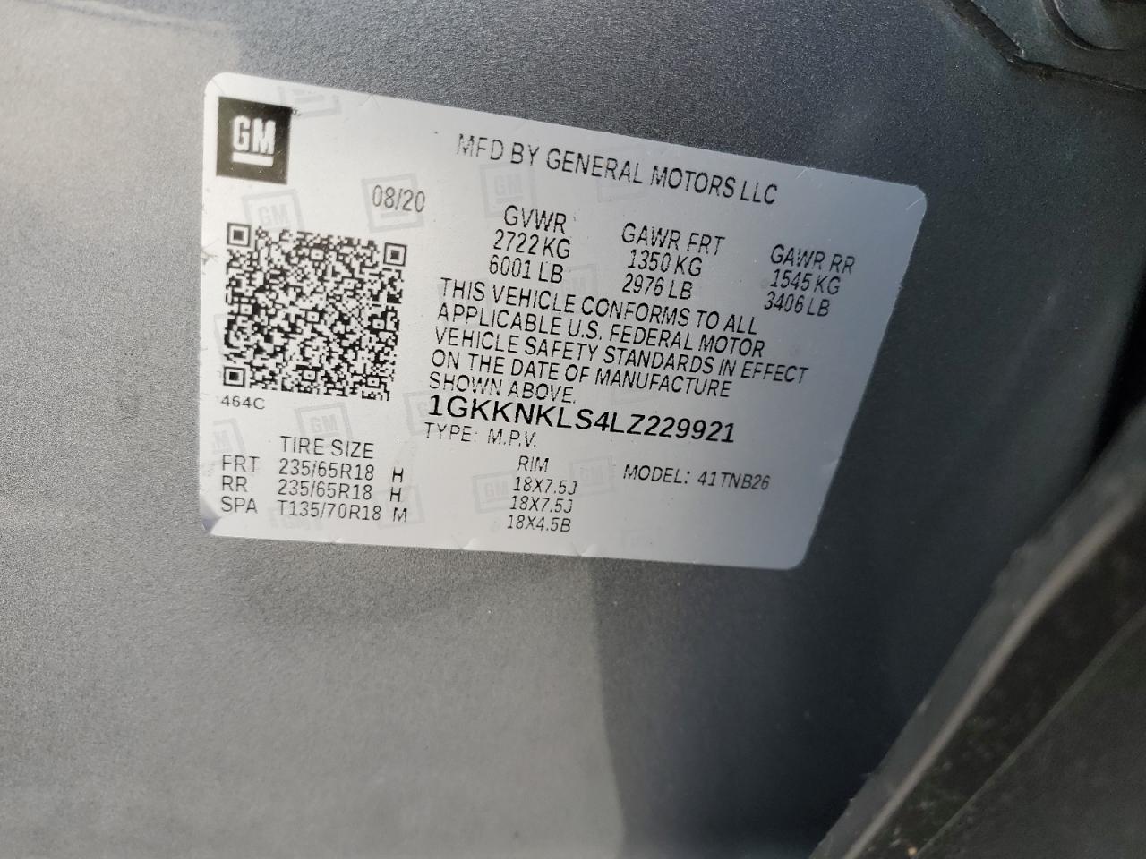 2020 GMC Acadia Sle VIN: 1GKKNKLS4LZ229921 Lot: 56589535