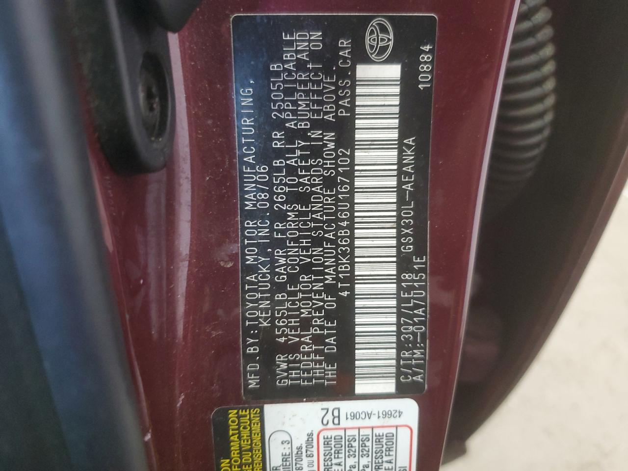 2006 Toyota Avalon Xl VIN: 4T1BK36B46U167102 Lot: 57027285