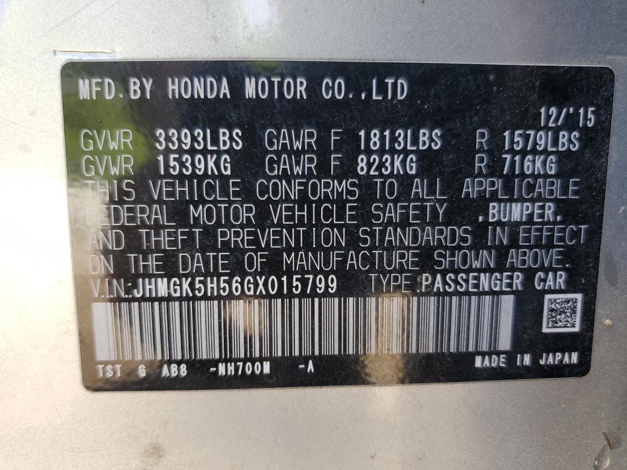 2016 Honda Fit Lx VIN: JHMGK5H56GX015799 Lot: 55952405