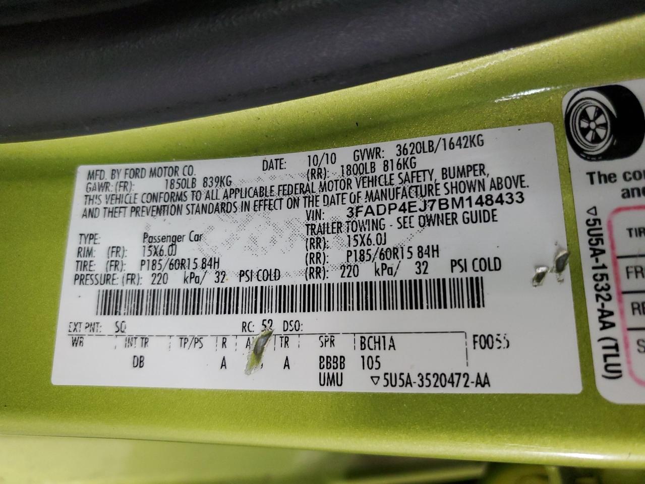 2011 Ford Fiesta Se VIN: 3FADP4EJ7BM148433 Lot: 57090255