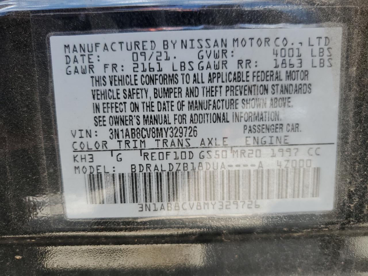 2021 Nissan Sentra Sv VIN: 3N1AB8CV8MY329726 Lot: 56601225