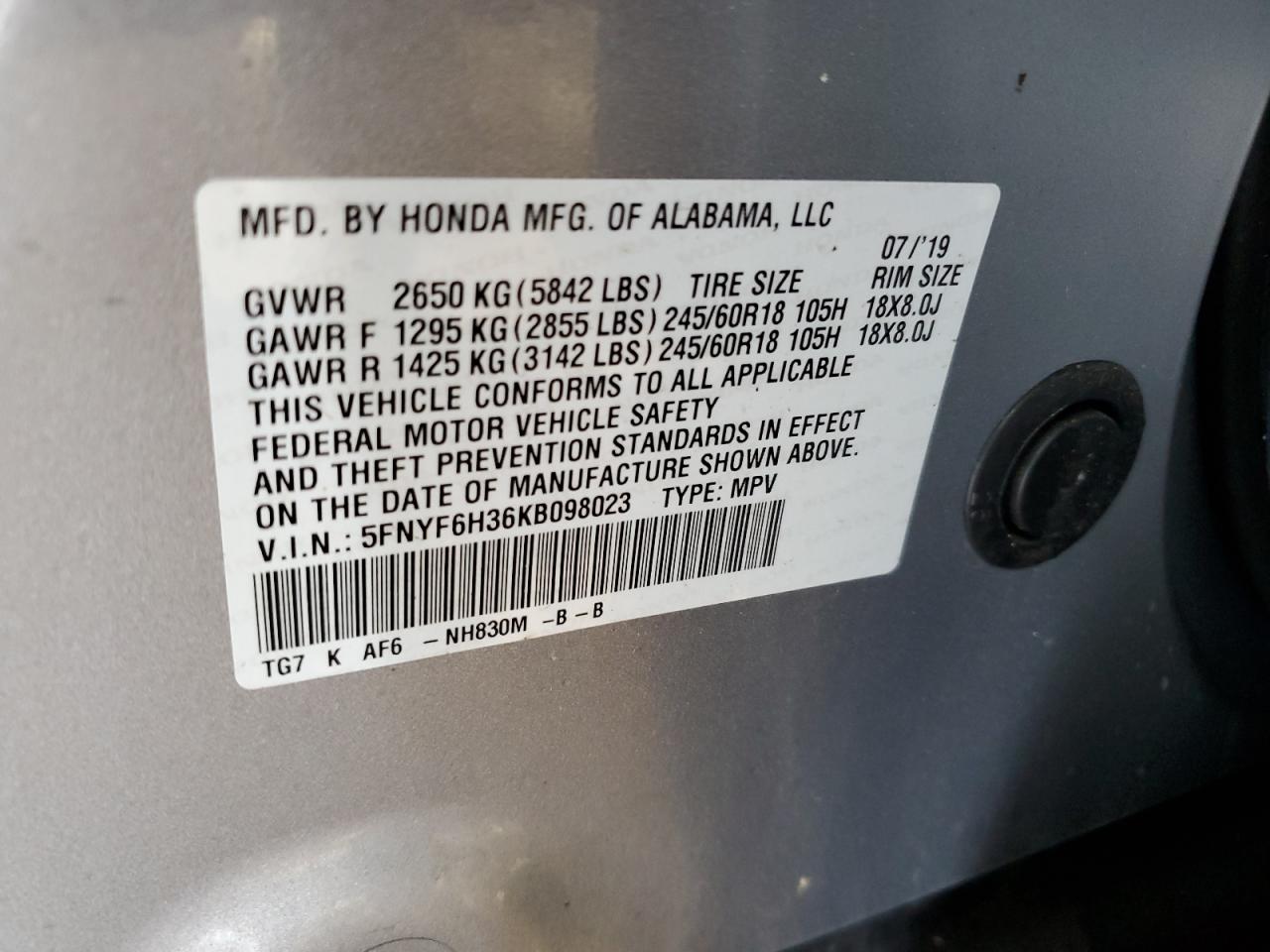 2019 Honda Pilot Ex VIN: 5FNYF6H36KB098023 Lot: 57427875