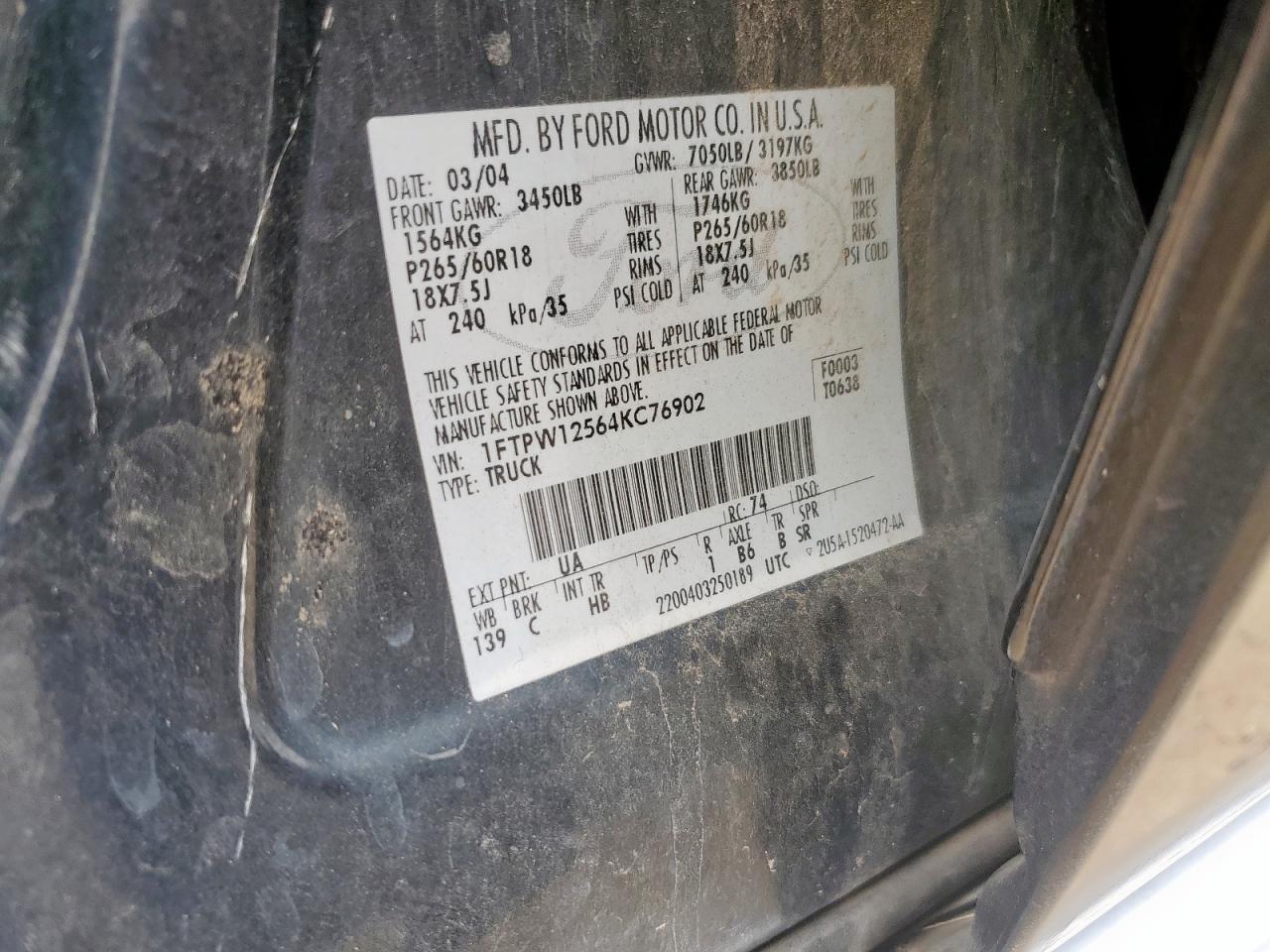 2004 Ford F150 Supercrew VIN: 1FTPW12564KC76902 Lot: 57622535