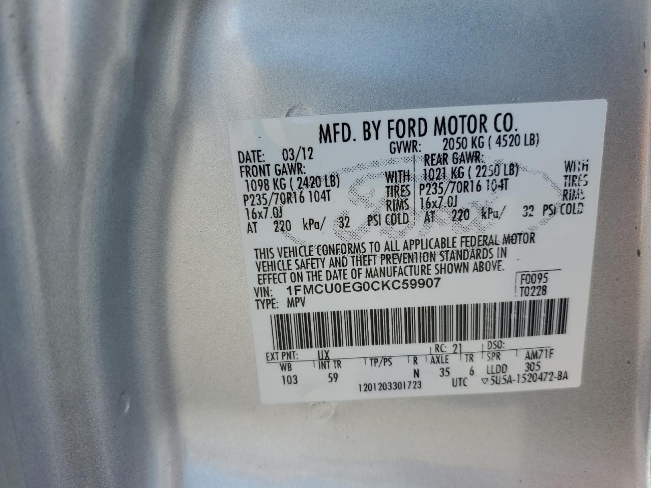 2012 Ford Escape Limited VIN: 1FMCU0EG0CKC59907 Lot: 56998065