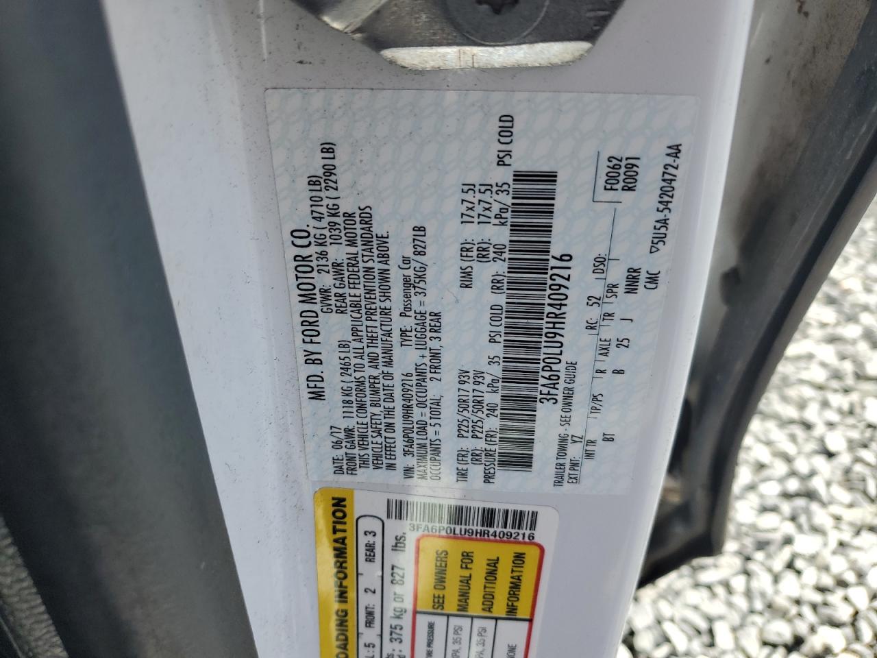 2017 Ford Fusion Se Hybrid VIN: 3FA6P0LU9HR409216 Lot: 54028455