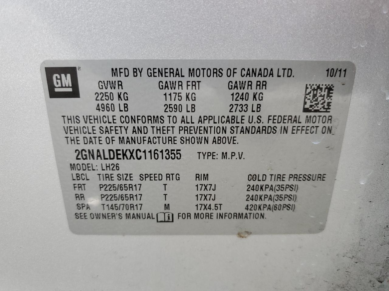 2012 Chevrolet Equinox Lt VIN: 2GNALDEKXC1161355 Lot: 54342235