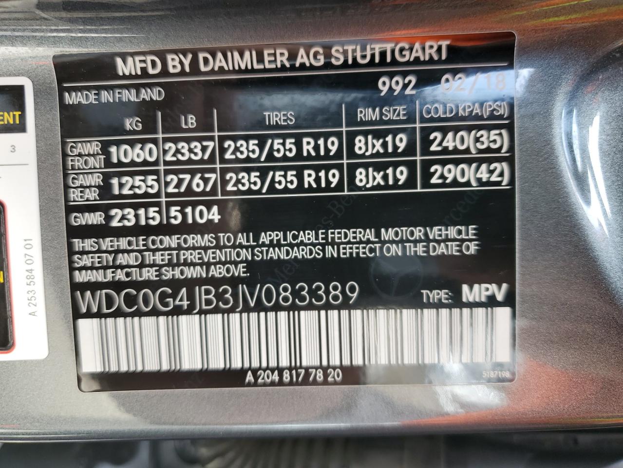 2018 Mercedes-Benz Glc 300 VIN: WDC0G4JB3JV083389 Lot: 56445105