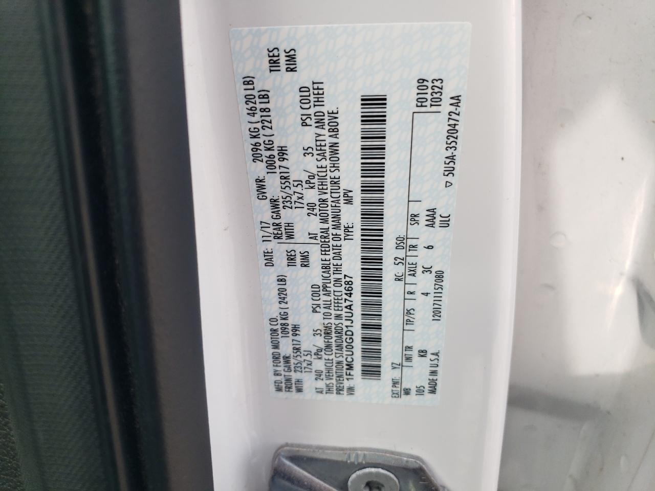 2018 Ford Escape Se VIN: 1FMCU0GD1JUA74687 Lot: 54050545