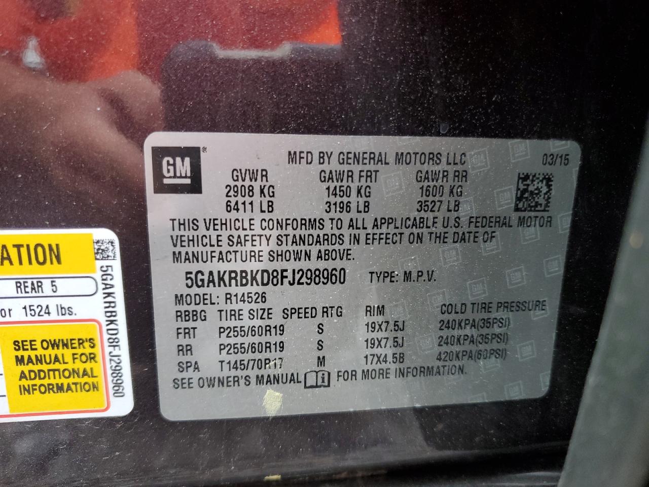 2015 Buick Enclave VIN: 5GAKRBKD8FJ298960 Lot: 55065215