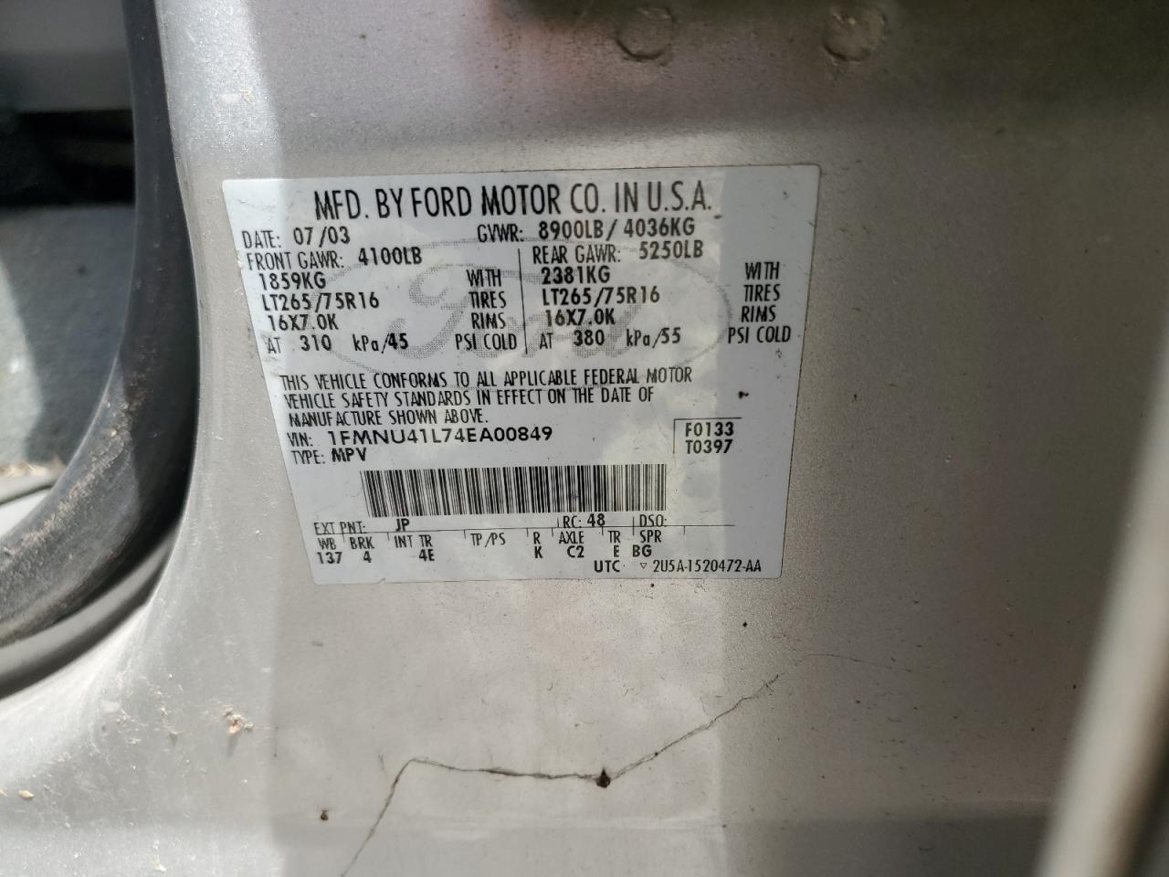 2004 Ford Excursion Xlt VIN: 1FMNU41L74EA00849 Lot: 56391645