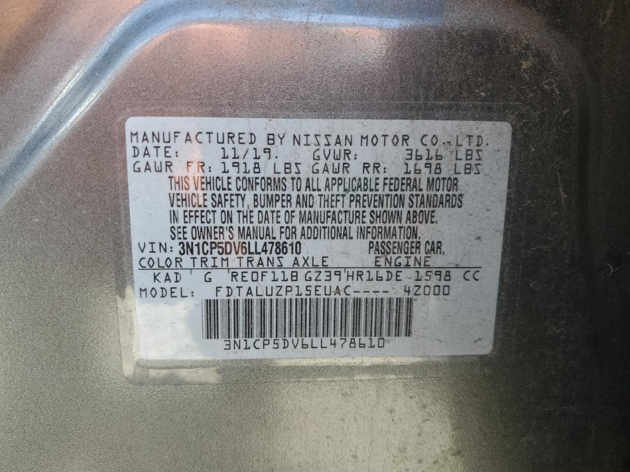 2020 Nissan Kicks Sr VIN: 3N1CP5DV6LL478610 Lot: 57128305