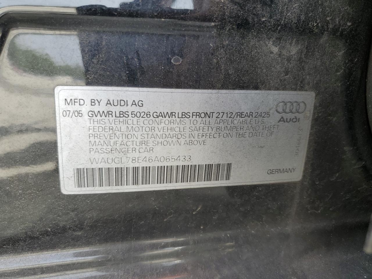 2006 Audi S4 Quattro VIN: WAUGL78E46A065433 Lot: 55156135