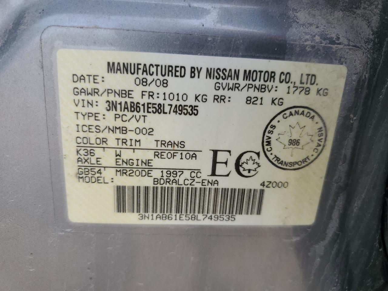 2008 Nissan Sentra 2.0 VIN: 3N1AB61E58L749535 Lot: 56568815