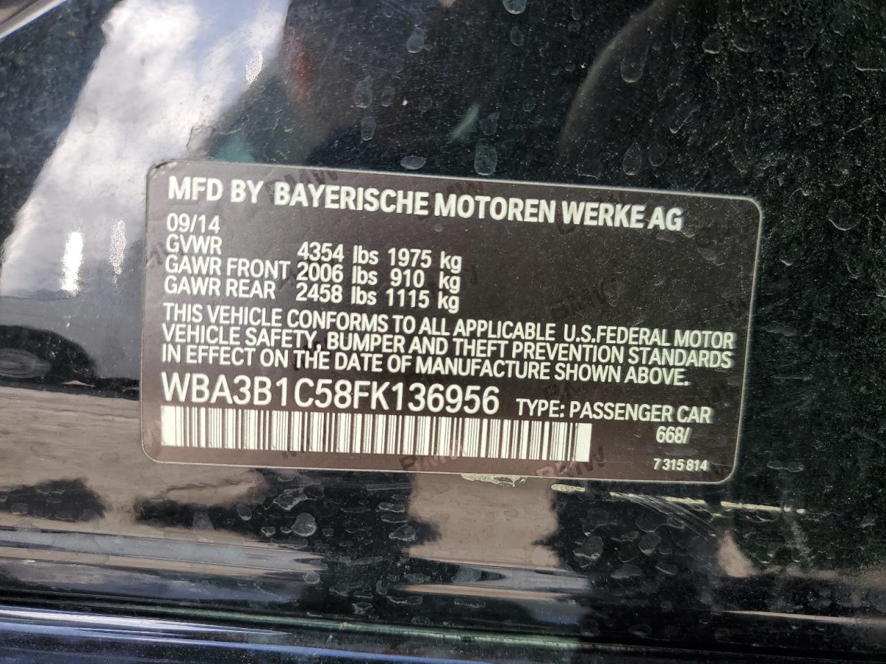2015 BMW 320 I VIN: WBA3B1C58FK136956 Lot: 57123285