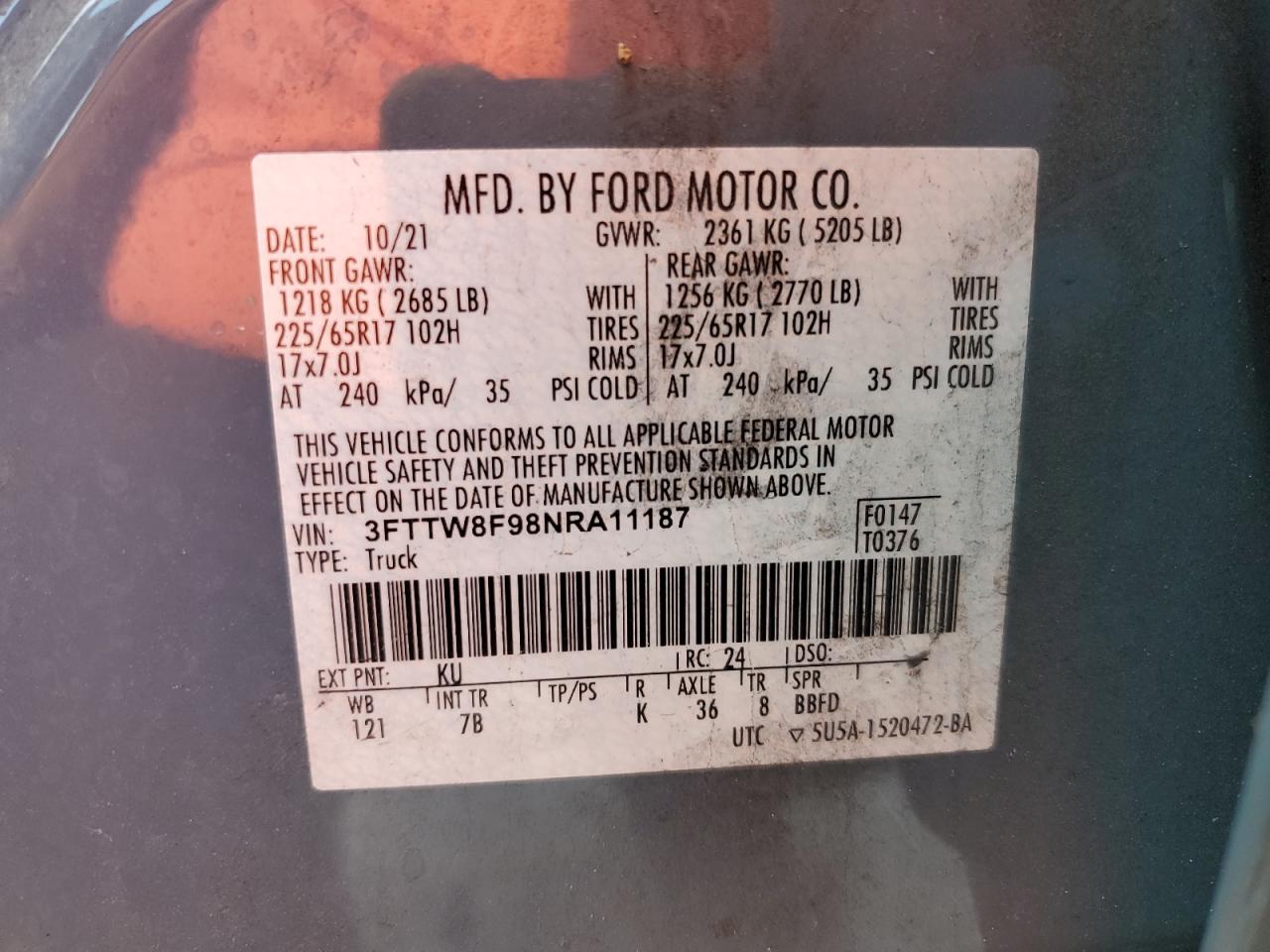 2022 Ford Maverick Xl VIN: 3FTTW8F98NRA11187 Lot: 56288205