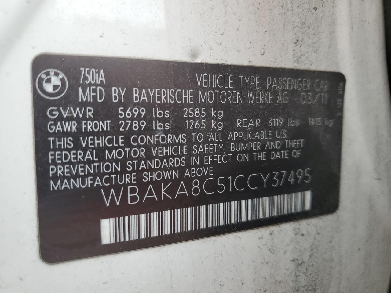 2012 BMW 750 I VIN: WBAKA8C51CCY37495 Lot: 56914295