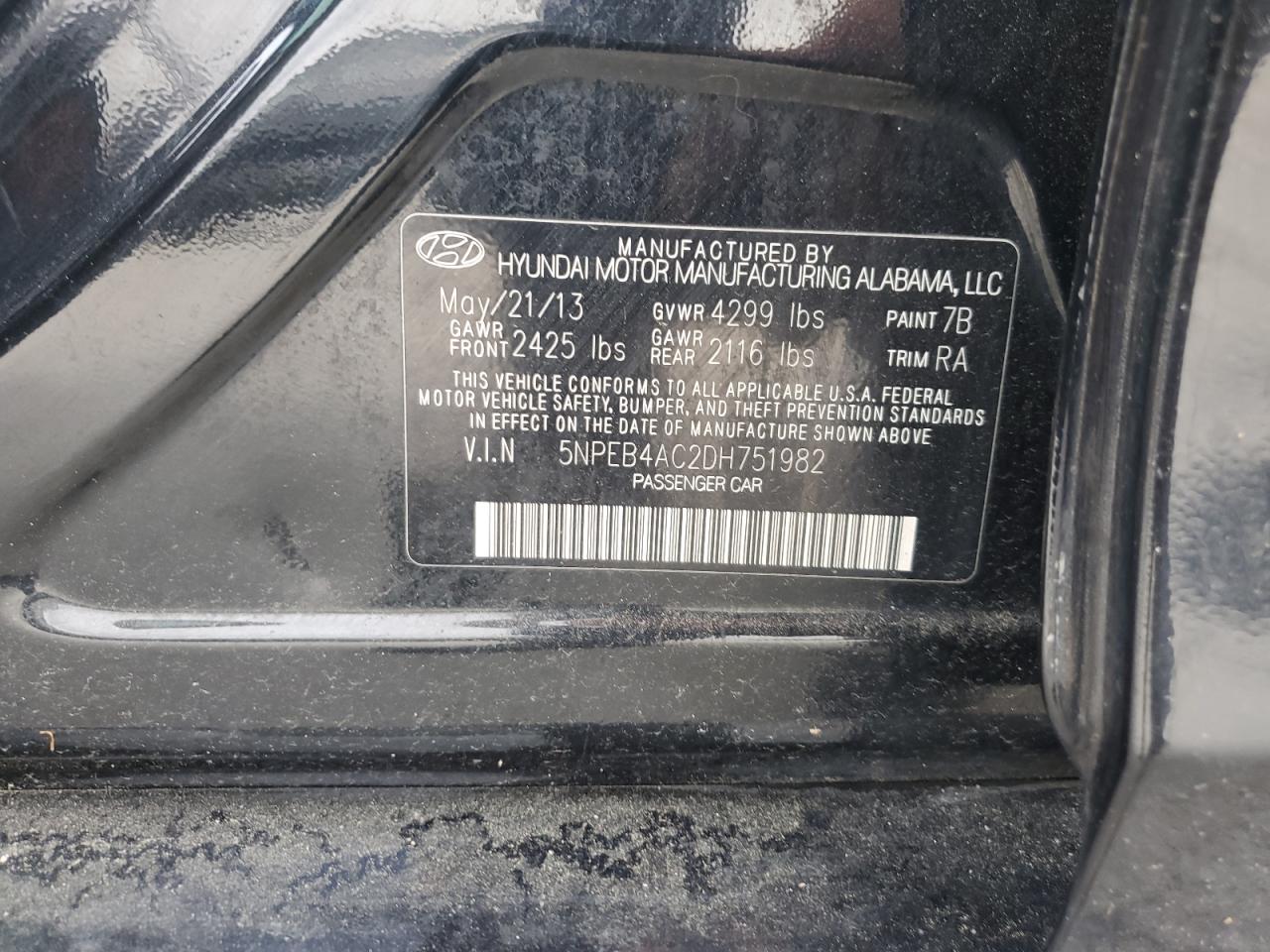 2013 Hyundai Sonata Gls VIN: 5NPEB4AC2DH751982 Lot: 56507665
