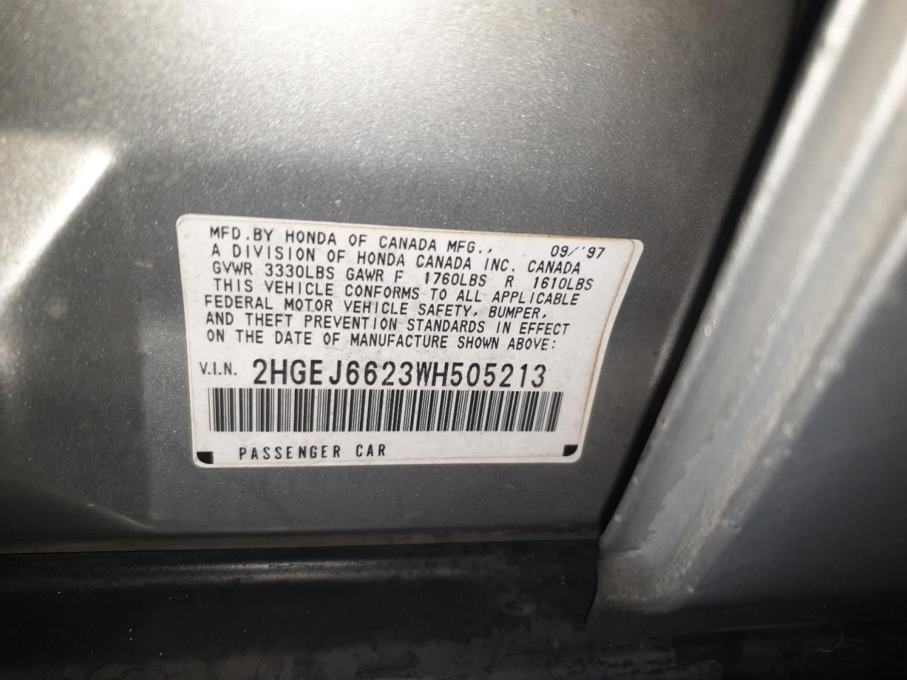 1998 Honda Civic Dx VIN: 2HGEJ6623WH505213 Lot: 58452575