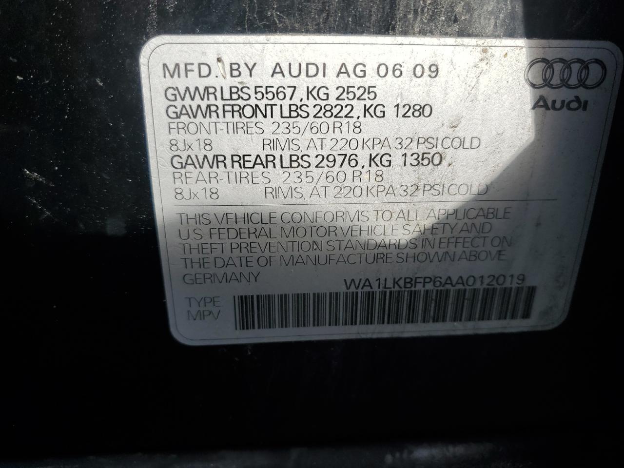 2010 Audi Q5 Premium Plus VIN: WA1LKBFP6AA012019 Lot: 56190955