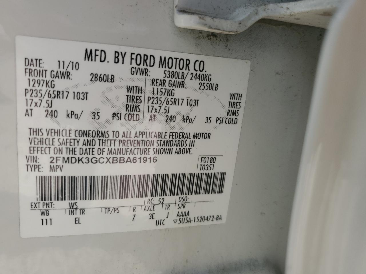 2011 Ford Edge Se VIN: 2FMDK3GCXBBA61916 Lot: 91601545