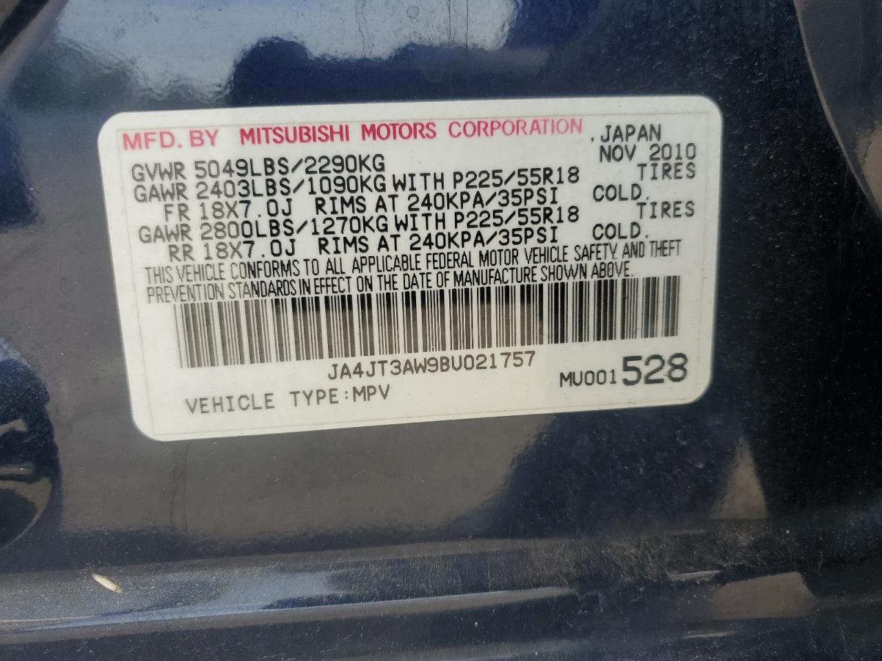 2011 Mitsubishi Outlander Se VIN: JA4JT3AW9BU021757 Lot: 56088865
