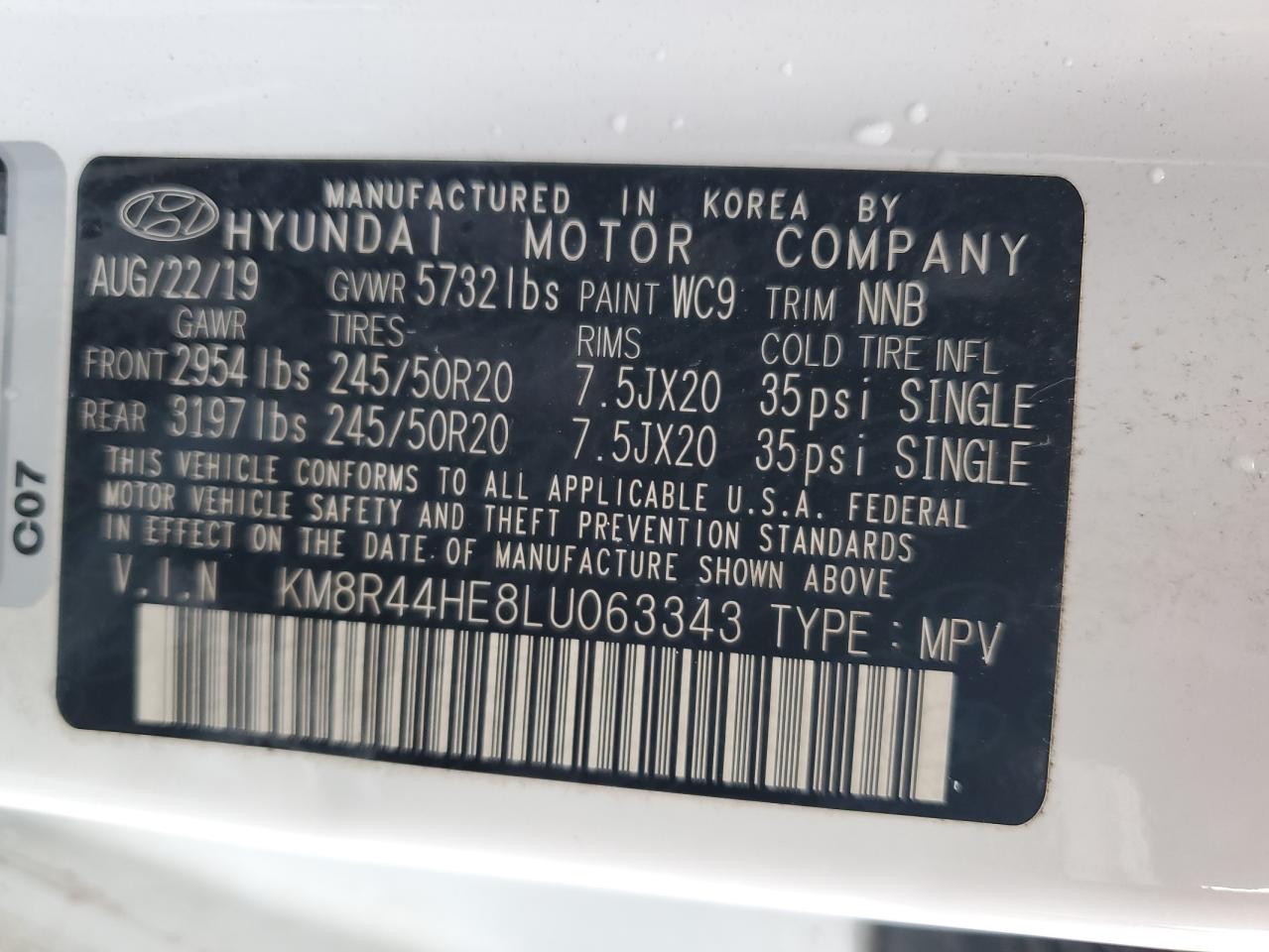 2020 Hyundai Palisade Sel VIN: KM8R44HE8LU063343 Lot: 58798975