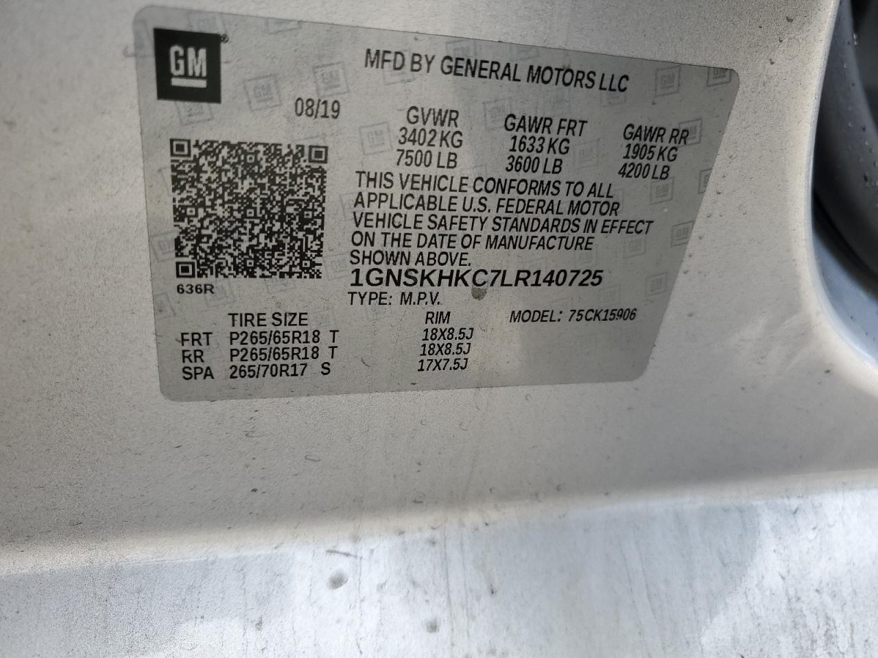2020 Chevrolet Suburban K1500 Lt VIN: 1GNSKHKC7LR140725 Lot: 56803435