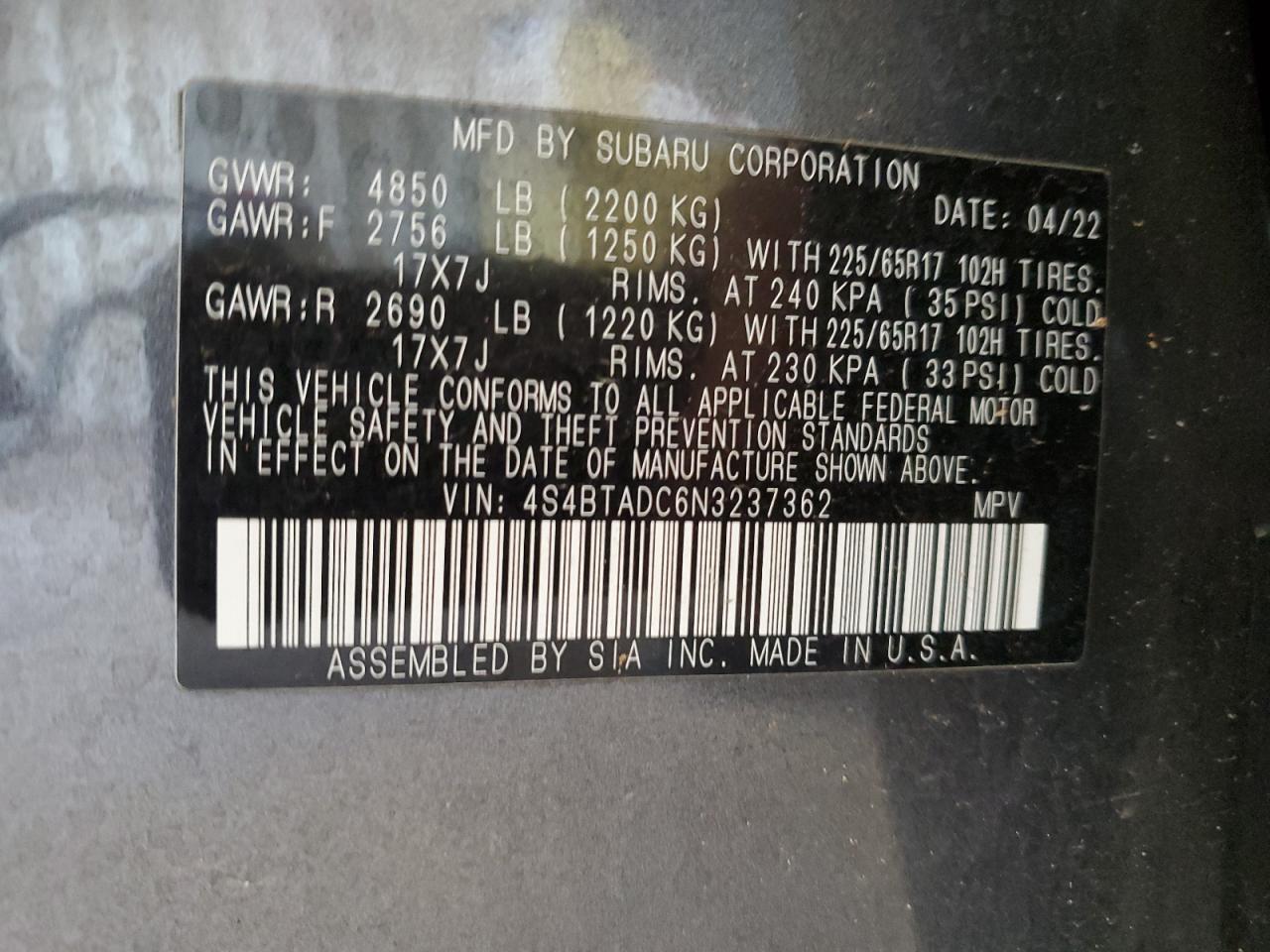 2022 Subaru Outback Premium VIN: 4S4BTADC6N3237362 Lot: 55984625