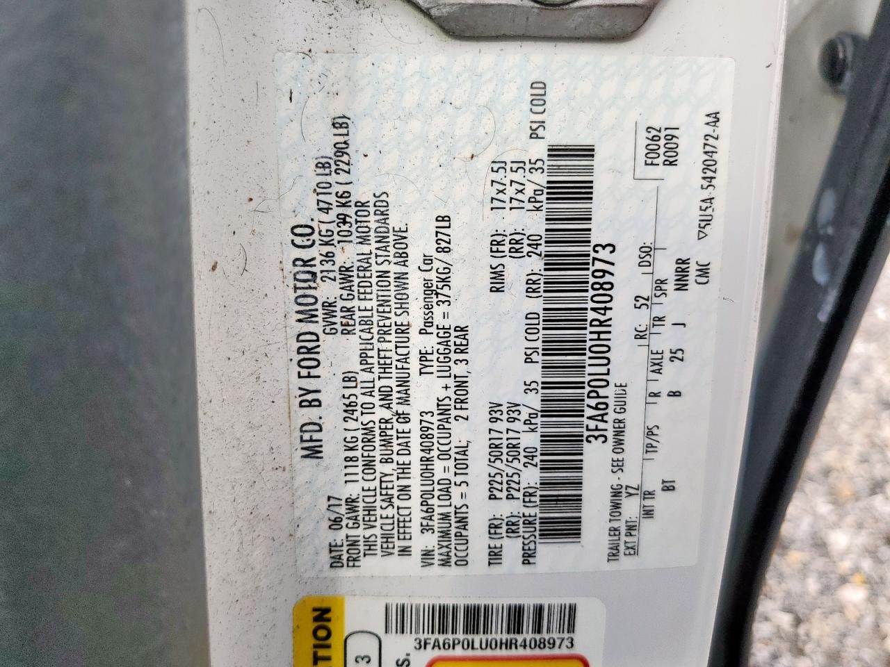 2017 Ford Fusion Se Hybrid VIN: 3FA6P0LU0HR408973 Lot: 54037705