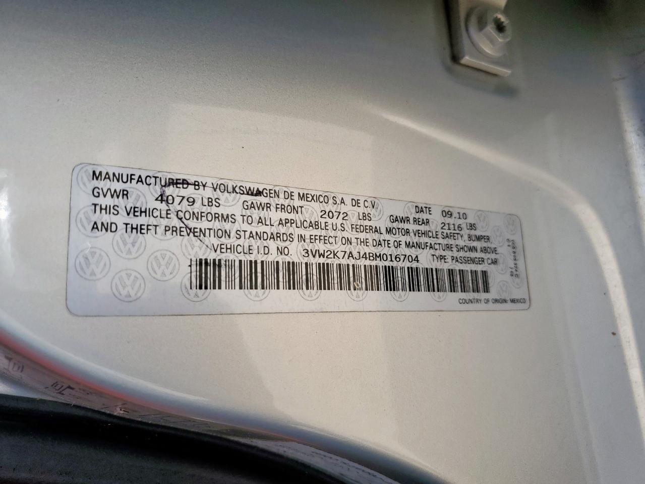 2011 Volkswagen Jetta Base VIN: 3VW2K7AJ4BM016704 Lot: 57724215