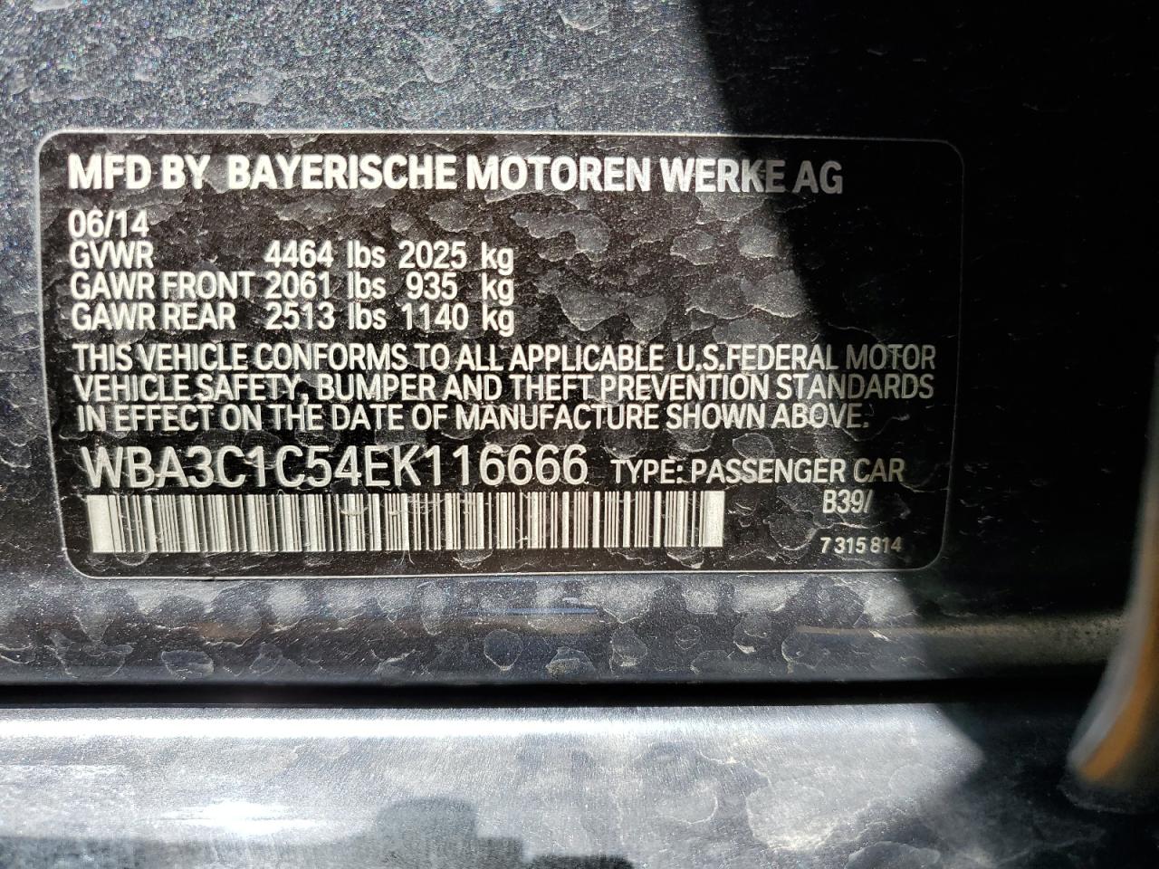 2014 BMW 328 I Sulev VIN: WBA3C1C54EK116666 Lot: 56889105