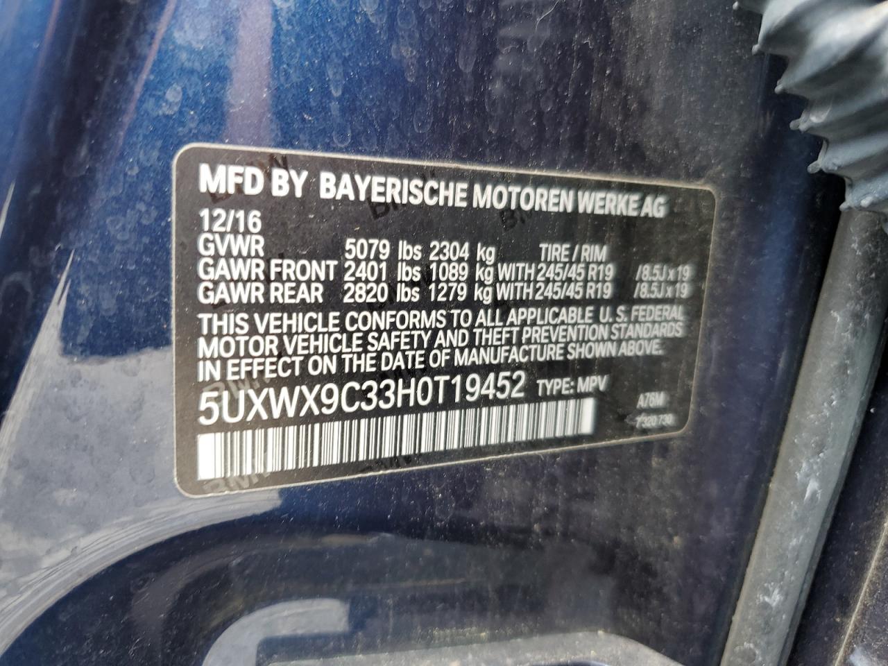 2017 BMW X3 xDrive28I VIN: 5UXWX9C33H0T19452 Lot: 56853545