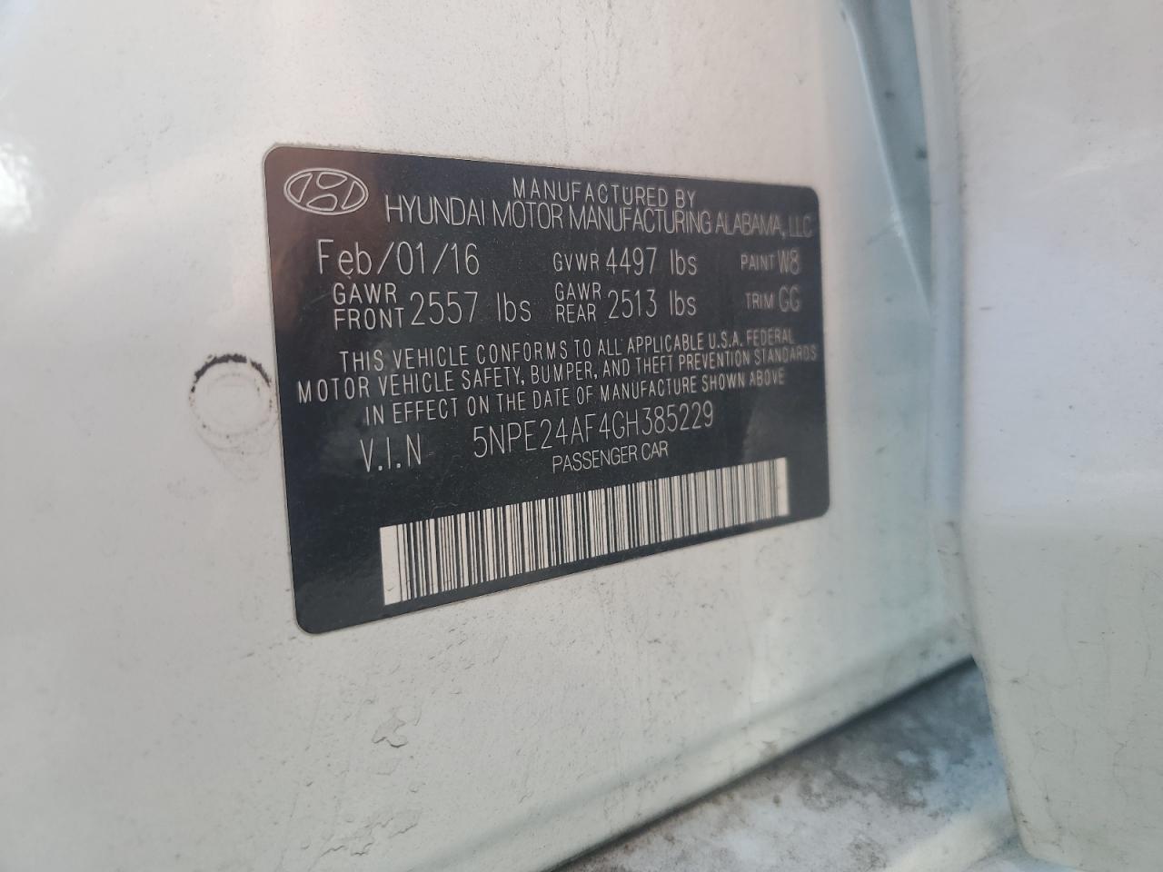 2016 Hyundai Sonata Se VIN: 5NPE24AF4GH385229 Lot: 58440985