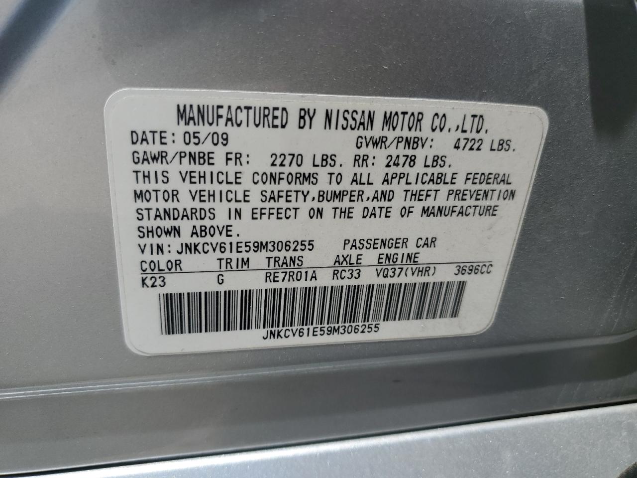 2009 Infiniti G37 Base VIN: JNKCV61E59M306255 Lot: 56890075