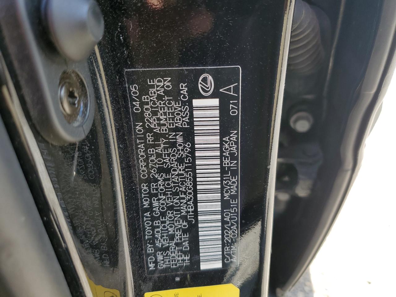2005 Lexus Es 330 VIN: JTHBA30G855115796 Lot: 56003165