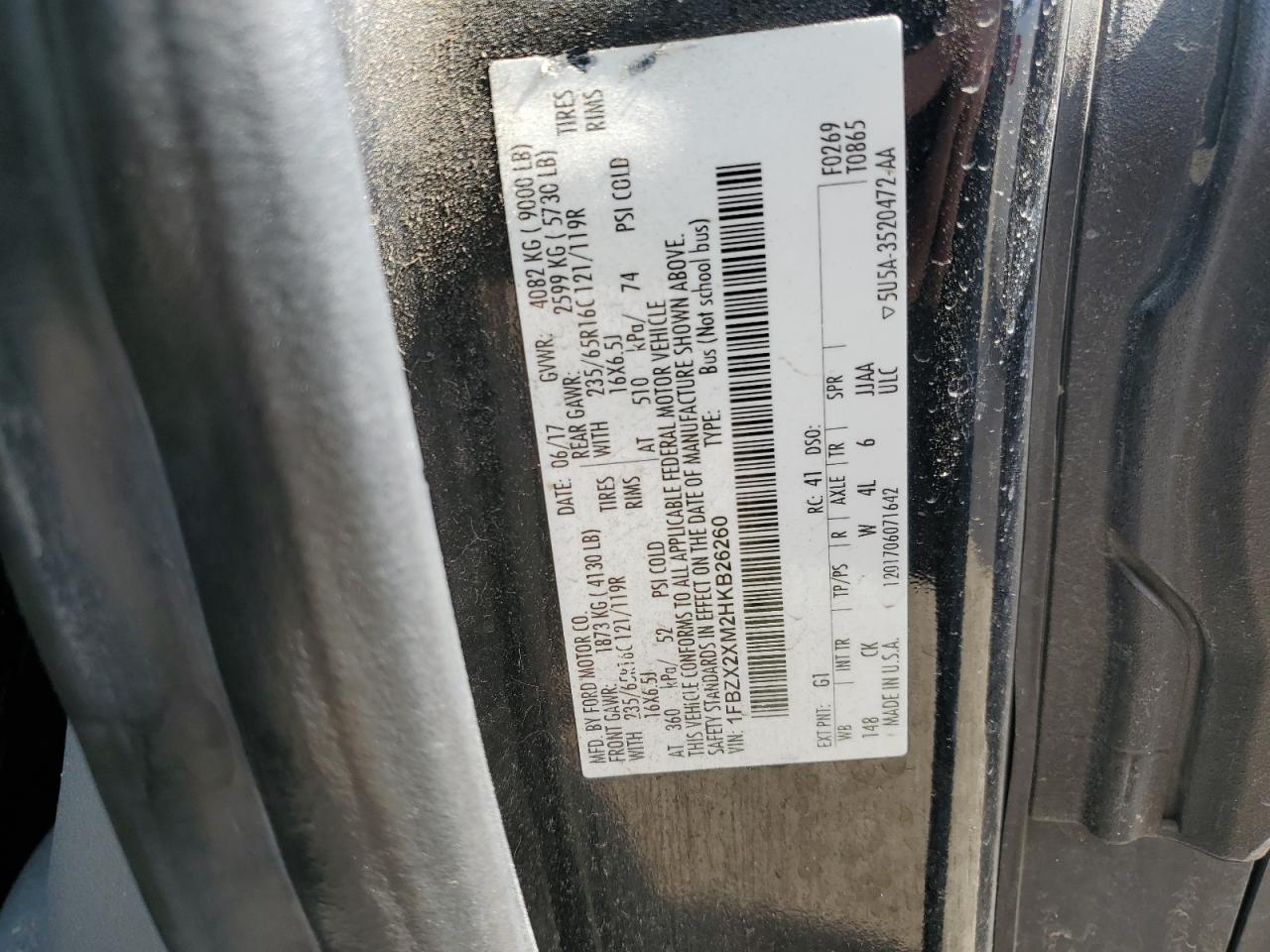 2017 Ford Transit T-350 VIN: 1FBZX2XM2HKB26260 Lot: 57846665