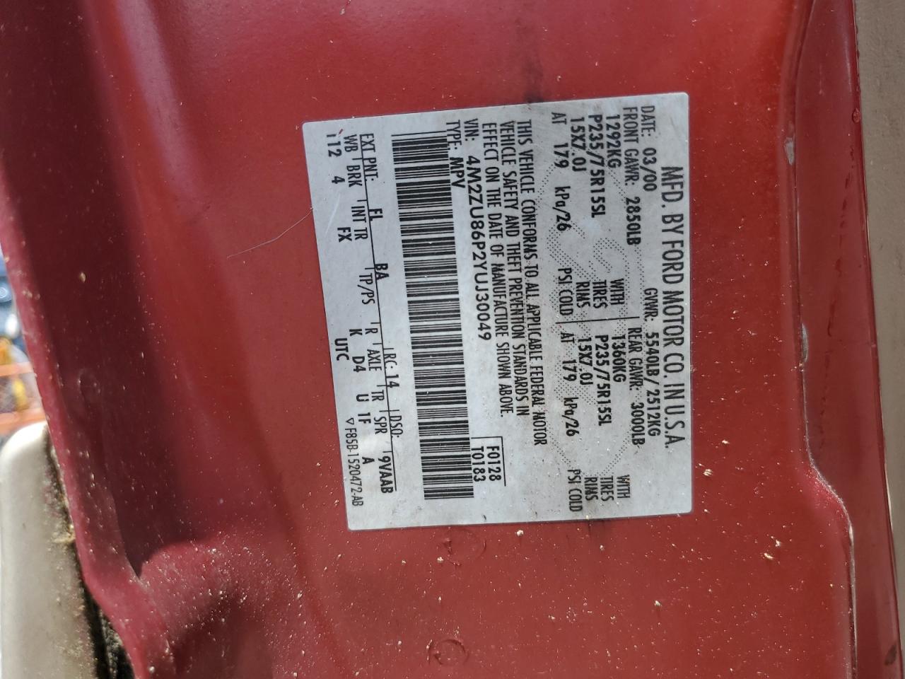 2000 Mercury Mountaineer VIN: 4M2ZU86P2YUJ30049 Lot: 58619545
