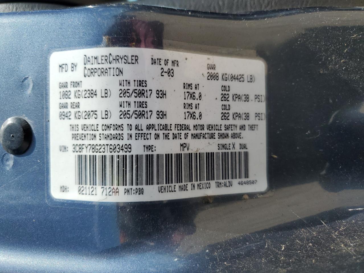 2003 Chrysler Pt Cruiser Gt VIN: 3C8FY78G23T603499 Lot: 56649505