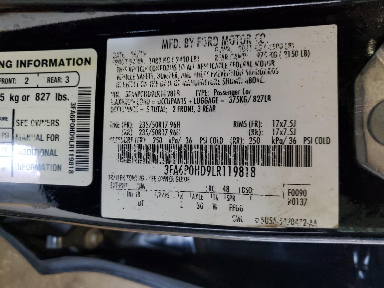 2020 Ford Fusion Se VIN: 3FA6P0HD9LR119818 Lot: 56311775