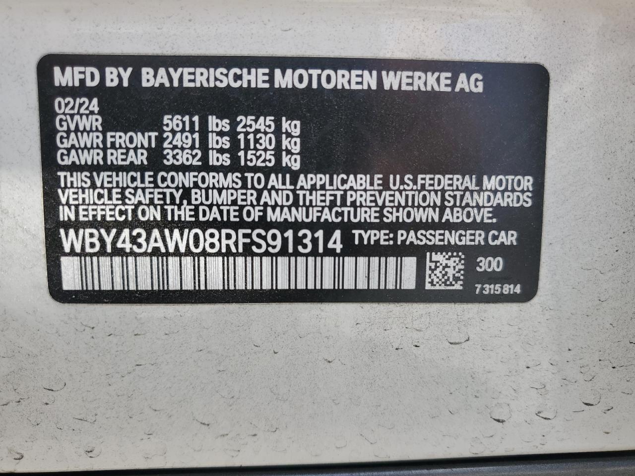 2024 BMW I4 Edrive 35 VIN: WBY43AW08RFS91314 Lot: 57346285