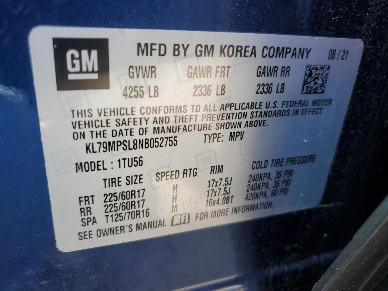 2022 Chevrolet Trailblazer Lt VIN: KL79MPSL8NB052755 Lot: 58339435