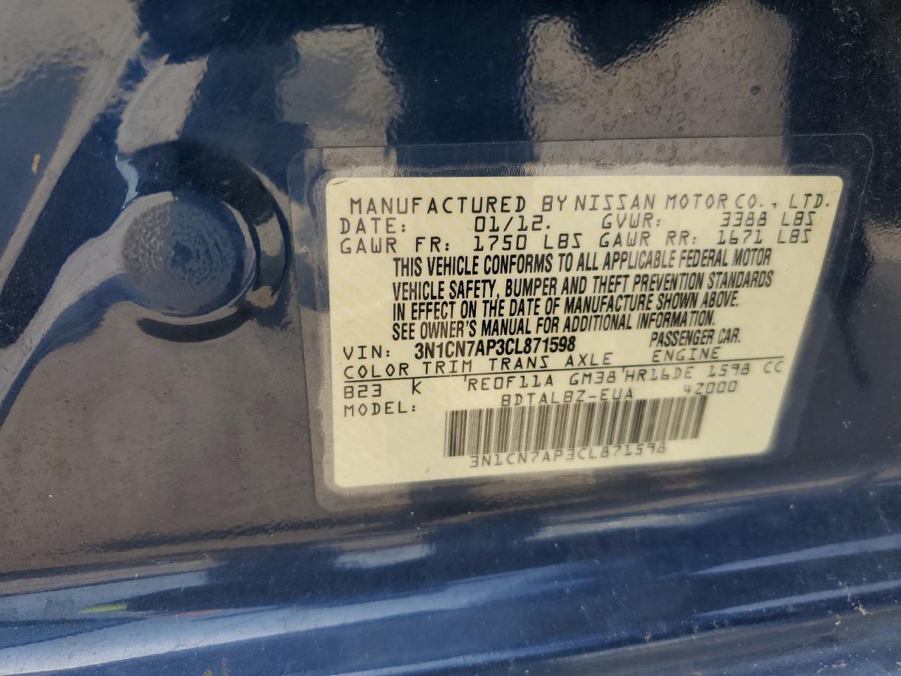2012 Nissan Versa S VIN: 3N1CN7AP3CL871598 Lot: 56532205