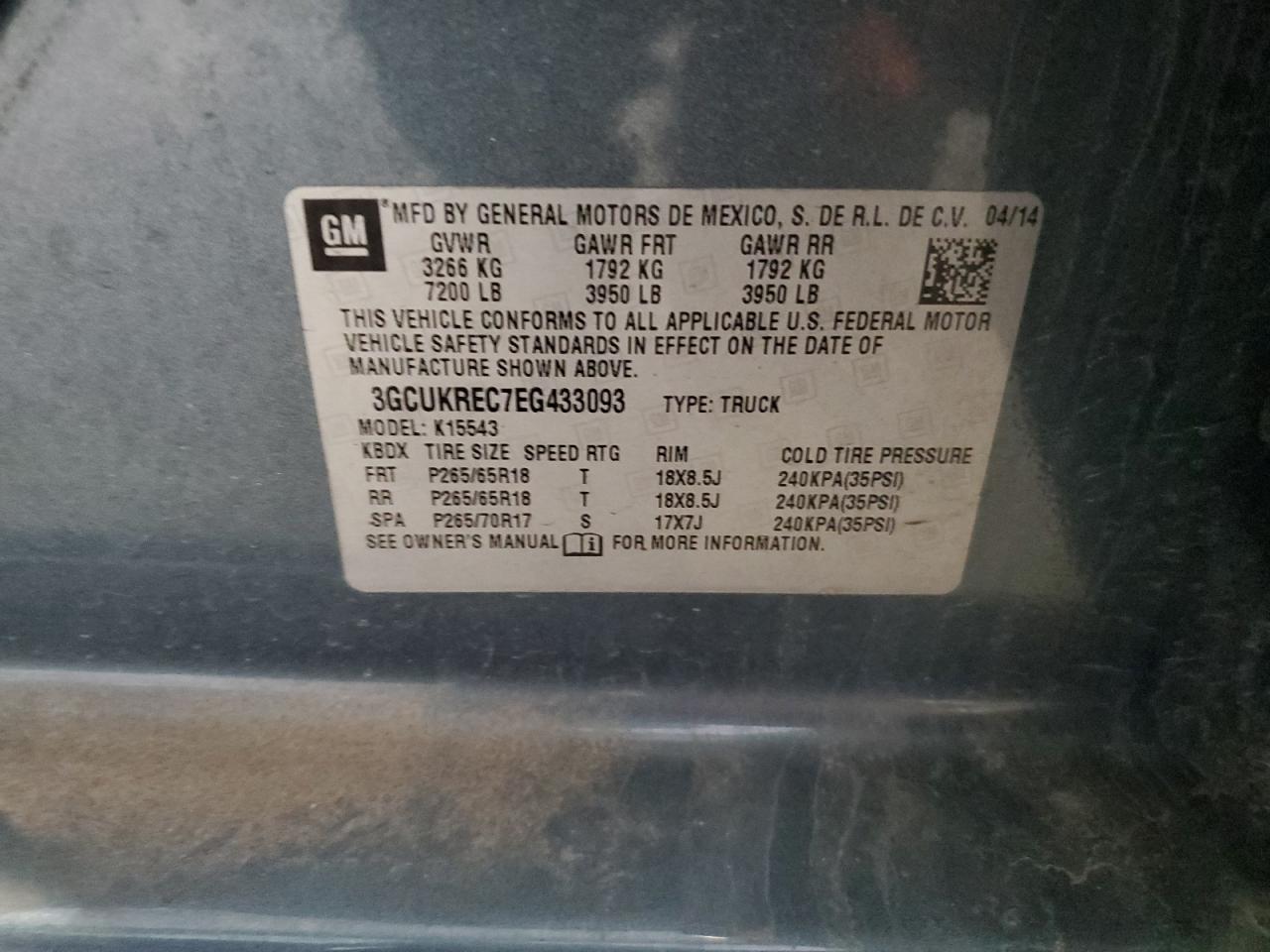2014 Chevrolet Silverado K1500 Lt VIN: 3GCUKREC7EG433093 Lot: 56935785