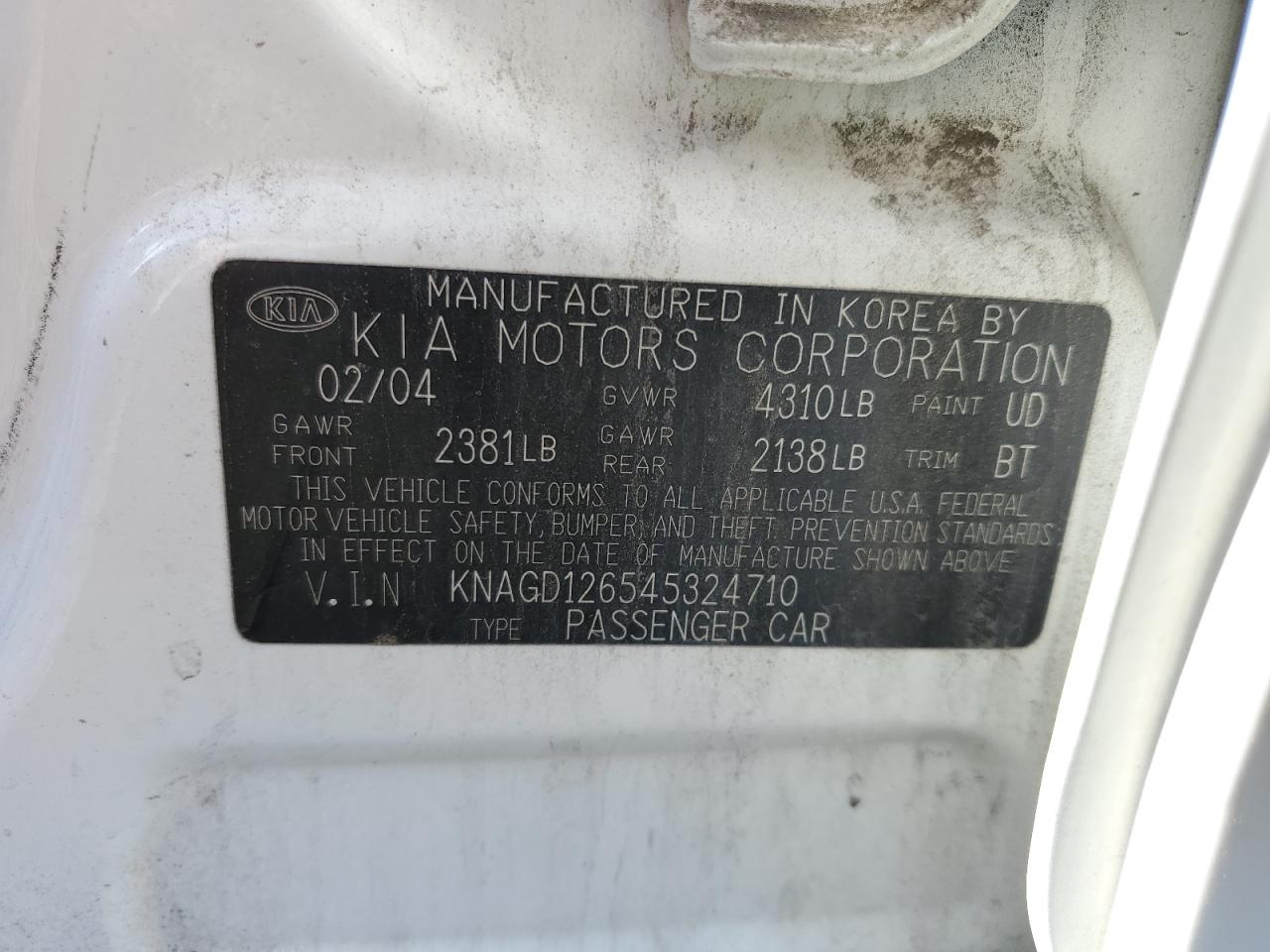 2004 Kia Optima Lx VIN: KNAGD126545324710 Lot: 57339515