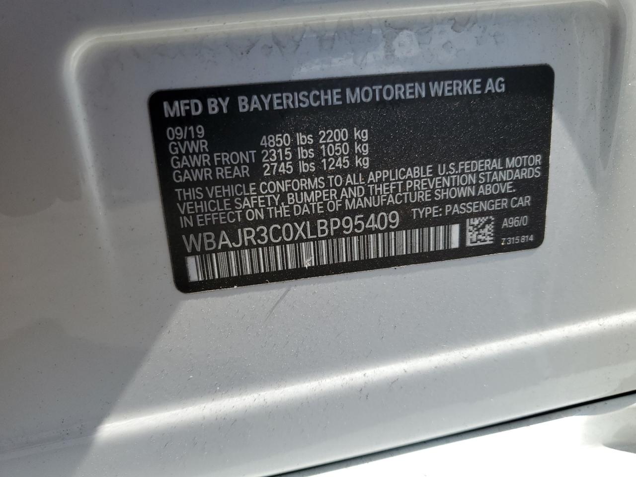 2020 BMW 530 I VIN: WBAJR3C0XLBP95409 Lot: 57253695