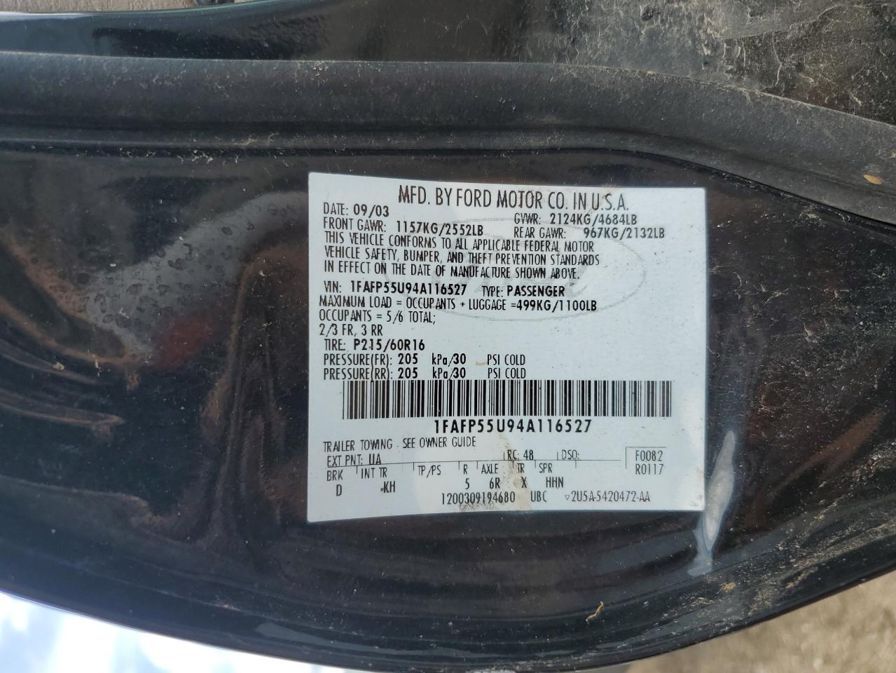2004 Ford Taurus Ses VIN: 1FAFP55U94A116527 Lot: 58208575