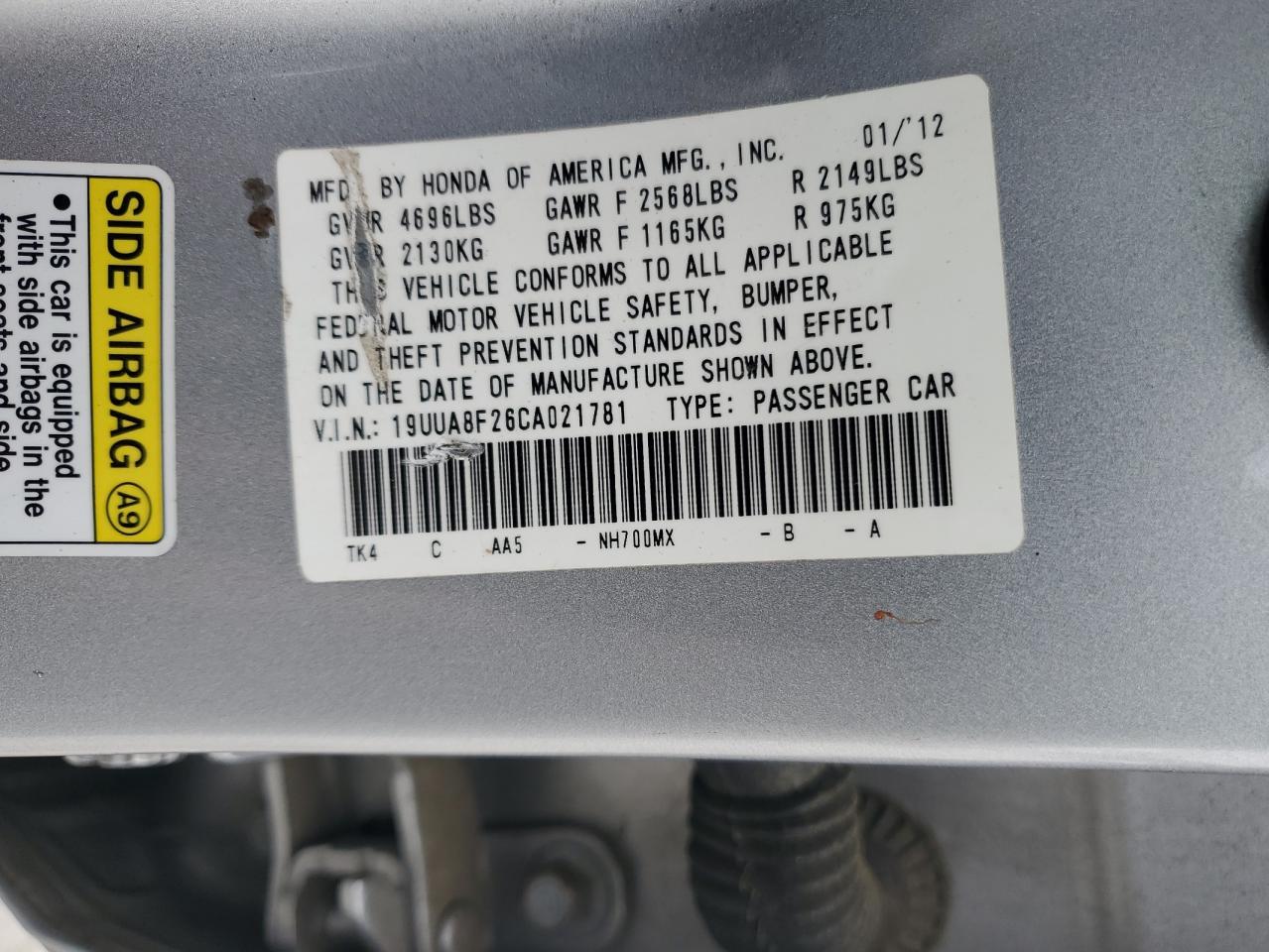 2012 Acura Tl VIN: 19UUA8F26CA021781 Lot: 57436595