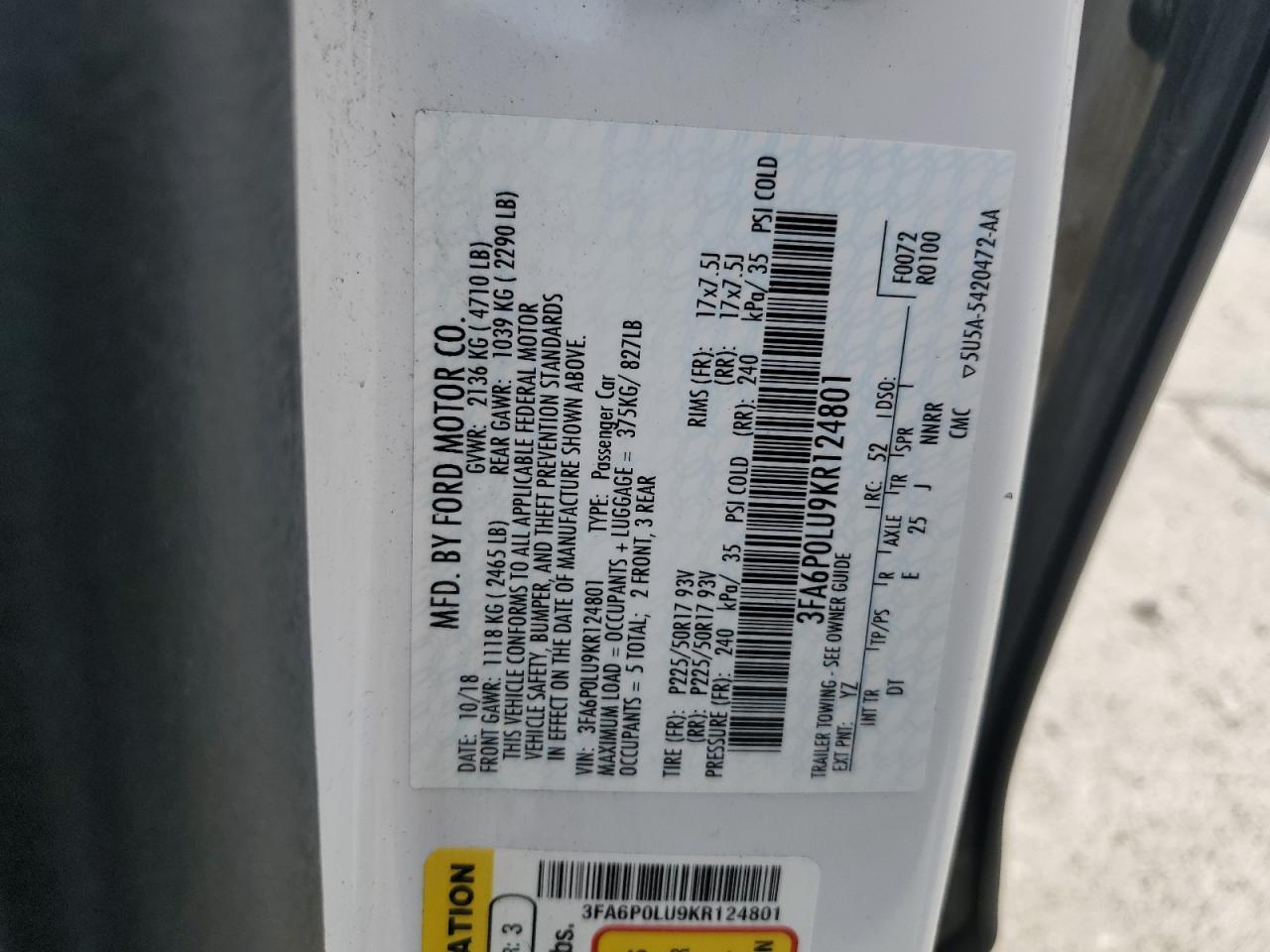 2019 Ford Fusion Se VIN: 3FA6P0LU9KR124801 Lot: 55085185