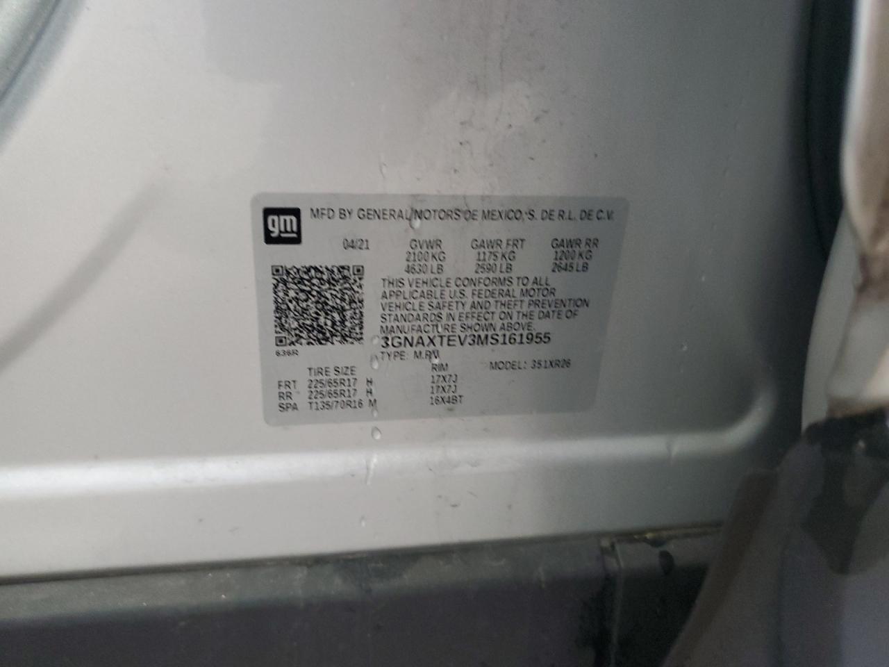 2021 Chevrolet Equinox Lt VIN: 3GNAXTEV3MS161955 Lot: 55457865