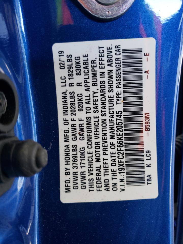 2019 Honda Civic Lx VIN: 19XFC2F66KE205745 Lot: 59087715